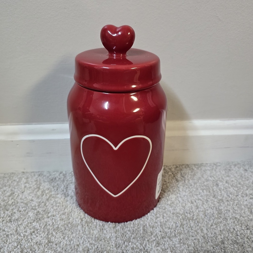 New RAE DUNN Valentines Day 8.5" Red Heart Canister With Heart Topper Lid